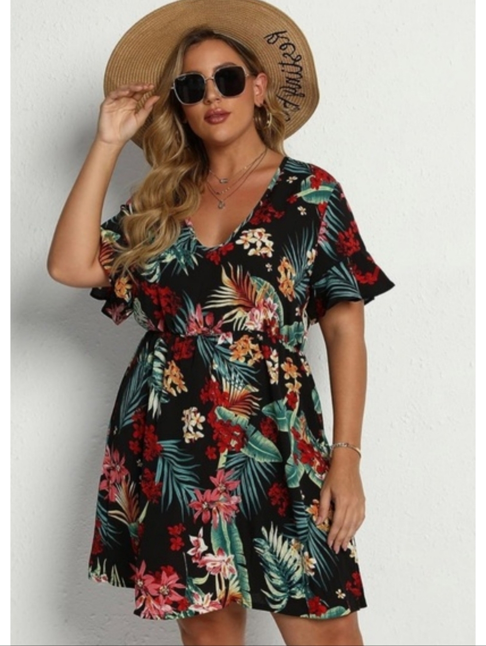 Shein Curve V-neck Tropical Floral Dress Black Multicolor Size 1X